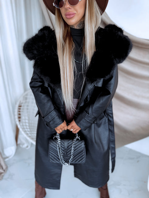 "PUDDING CV2184" Faux Leather Trench – Black